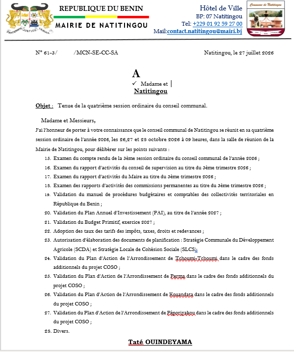 QUATRIEME SESSION ORDINAIRE DU CONSEIL COMMUNAL
